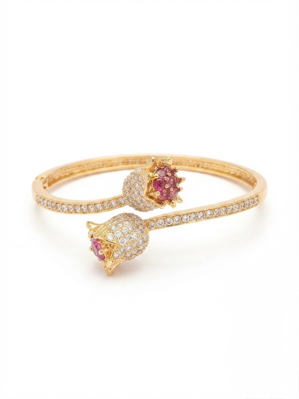 Gold Pomegranate Cuff Bracelet with Pink Gem Accents